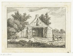 Hombre con vaca frente a un granero en las afueras de Hattem de Anthonie van den Bos