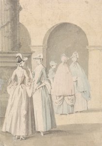 Damas junto a una columna y una arcada