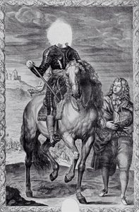 Retrato ecuestre desfigurado de Carlos I, grabado por Pierre Lombart (grabado) (fotografía en blanco y negro)