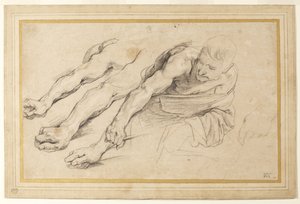 Figura de un hombre inclinándose hacia adelante con el brazo derecho extendido; tres estudios del brazo derecho y uno de la mano izquierda para la misma figura de Anthony van Dyck