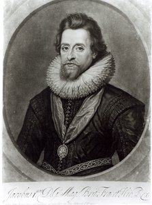 Retrato de Jacobo I (1566-1625) después de una miniatura de Nicholas Hilliard (1547-1619) de 1617, grabado por George Vertue (1684-1756) de Anthony van Dyck