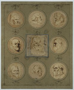 Hoja de colección con nueve cabezas de estudio en medallones de Anthony van Dyck