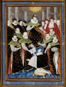 El rey Enrique III (1551-1589) presidiendo la primera ceremonia de la Orden del Espíritu Santo en 1587. Miniatura de William Richardiere (siglo XVI) después de Antoine Caron (1521-1599) 1587 Chantilly, Museo Condé