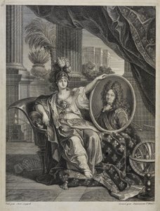 Luis XIV, Rey de Francia, Protector de las Ciencias - grabado por Antoine Coypel Historia de la Real Academia de Ciencias, año 1703