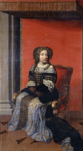 Retrato de la reina María Teresa, sentada de cuerpo entero, con un corpiño negro con incrustaciones de joyas y cuello de encaje y una falda azul y dorada, en un trono (óleo sobre lienzo, sin forrar) de Antoine (after) Dieu