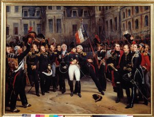 Abdicación de 1814 - La despedida de Napoleón Bonaparte a la guardia imperial en el patio del Cheval Blanc en Fontainebleau el 20/04/1814