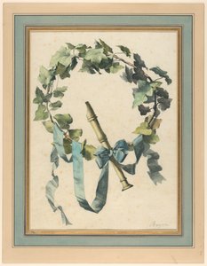 Dibujo, Trofeo con flauta, hiedra y cinta azul, 1780-90 de Antoine Berjon