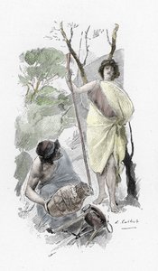 Odisea de Homero: canto XIII: Athena deguisee as a young shepherd welcomes Ulysses a Ithaque (Odisea de Homero: Odiseo regresa a Ítaca y se encuentra con Atenea disfrazada de pastorcillo) Ilustración de Antoine Calbet (1860-1944) para "La odisea" del grieg de Antoine Calbet