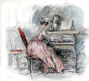 Werther admirando a Charlotte tocando el clavecín