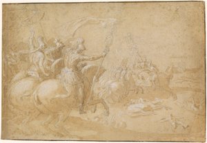 Guerreros romanos antiguos cabalgando hacia la batalla de Antoine Caron