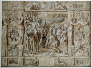 La Sumisión de Milán. Las tropas de Francisco I tomaron la ciudad de Milán tras la victoria en la Batalla de Marignano en 1515. Dibujo en pluma y lavado por Antoine Caron (1521-1599) siglo XVI París, Museo del Louvre de Antoine Caron