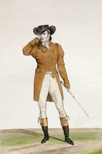 Un dandi vestido con un sombrero en forma de barco, una chaqueta de color pardo y pantalones de gamuza, placa 1 de la serie 