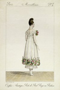 Una dama con peinado asiático en un vestido de baile adornado con cintas, lámina 4 de la serie 