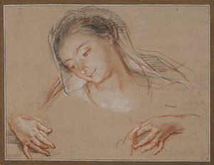 Estudio para una Madonna. Cabeza y dos manos de Antoine Coypel