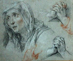 Estudios para la figura de la Virgen, c.1700 (tiza negra y roja realzada con blanco sobre papel)