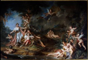 La encantadora Armida que quiere apuñalar a Renaud cede al Amor (también llamado El sueño de Renaud). Ilustración de una escena de La Jerusalén Liberada de Torquato Tasso de Antoine Coypel