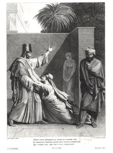 Ester implorando a Asuero en presencia de Amán, ilustración de Ester de Jean Racine, grabado por J.J. Coiny