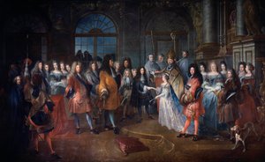 Matrimonio de Luis de Francia Duque de Borgoña y María Adelaida de Saboya el 7/12/1697 La ceremonia tiene lugar en presencia del rey Luis XIV (1638-1715) en el centro. Los jóvenes esposos son bendecidos por el cardenal de Coislin