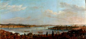Vista panorámica de Estambul, Turquía"" (Vista panorámica de Estambul) Pintura de Antoine Favray (1706-1791) Óleo sobre lienzo Siglo XVIII Dim 100x213 cm Museo Pera, Estambul de Antoine Favray