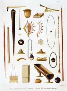 Utensilios domésticos y armas de las Islas Marianas, de Voyage autour du Monde (1817-20), por Louis Claude Desaulses de Freycinet (1779-1842) grabado por Jean Louis Denis Coutant (1776-1831), p de Antoine Germain Bevalet