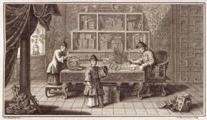 Una Tienda de Caligrafía China, de un relato de la Embajada Holandesa en China, grabado por A. Maisonneuve, c.1670s de Antoine Humblot