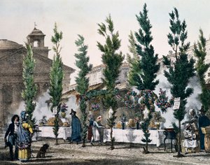 Freidores de comida en el Panteón durante la fiesta de San José, grabado de Antoine Jean-Baptiste Thomas (1791-1834) de Un año en Roma y sus alrededores, Francia