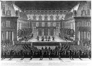 Representación, en el patio de mármol del castillo de Versalles, de “Alceste” de Jean Baptiste Lully (Giovanni Battista Lulli) (1632-1687) para las celebraciones dadas con motivo de la recuperación del Franco Condado (1674). Grabado de Le Pautre. de Antoine Le Pautre