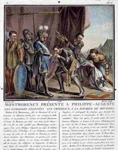 Montmorency presentado a Felipe Augusto (1165-1223) después de la Batalla de Bouvines, grabado por Jean Baptiste Morret (fl. 1790-1820)