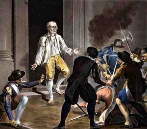 La muerte de Gaspard de Coligny, grabado por Jean Baptiste Morret (fl.1790-1820) 1788 (grabado en color)