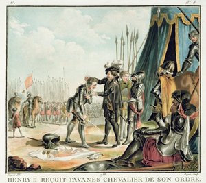 Enrique II (1519-59) recibe a Jean de Tavanes como caballero en su orden, grabado por Roger, 1788
