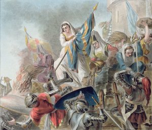 Jeanne Laisne levanta un estandarte contra los hombres de Borgoña, grabado por Morret (fl. 1790-1820) 1787 de Antoine Louis Francois Sergent Marceau
