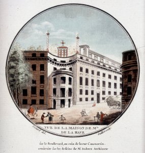 Vista de la casa de Monsieur de La Haye en la esquina de la Rue Caumartin, París, construida según dibujos del arquitecto Aubert. En vistas pintorescas de los principales edificios de París por Sergeant de Antoine Louis Francois Sergent Marceau