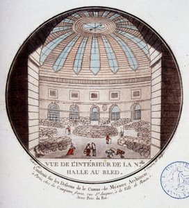 Vista del interior del nuevo mercado construido por Le Camus de Mézières entre 1763 y 1766, hoy la bolsa de valores en París. En vistas pintorescas de los principales edificios de París por Sergeant de Antoine Louis Francois Sergent Marceau
