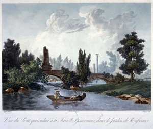 Puente a la Tour du Gouverneur en el Parc Monceau, grabado por Chapuy de Antoine Pierre after Mongin