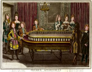 Felipe de Francia, Duque de Anjou, luego Rey de España (1683-1746), Carlos, Duque de Berry (1686-1714) y el Príncipe de Gales jugando en el primer apartamento de Luis XIV en Versalles - Grabado de Antoine Trouvain (1656-1708)