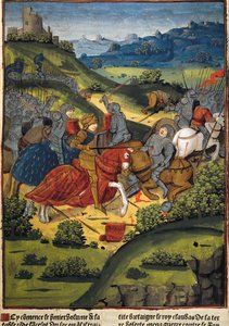 Lancelot en una batalla - VERARD, Antoine (s. XV). Editor y librero inglés; LANCELOT (s. VI). Caballero de la corte del rey Arturo. Lancelot en una batalla. Ilustración de "Lancelot du Lac" de Antoine Verard (1494). Arte gótico. Pintura en miniatura. FR de Antoine Verard