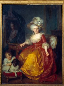 Retrato en pie de Madame Vestier (1740-1831) con un niño a sus pies pellizcando la oreja de un perro