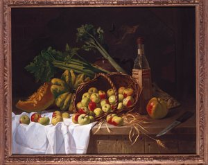 Naturaleza muerta con una botella de vino, ruibarbo y una cesta de manzanas volcada sobre una mesa de Antoine Vollon