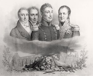 El Gobierno Provisional del 29 de julio de 1830. De izquierda a derecha: Jacques Lafitte (1767-1844), Casimir Perier (1777-1832), General Lafayette (1757-1834) y Conde Etienne Maurice Gerard (1773-1852) 1831 de Antoine Maurin