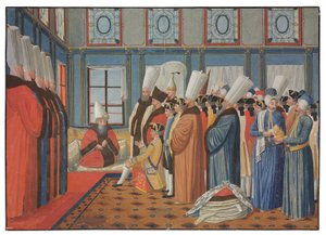 La presentación del Conde de Vergennes, embajador de Luis XV, al Reis Effendi, Gran Visir del Sultán Otomano Uthman III el 31 de mayo de 1755 de Antoine de Favray