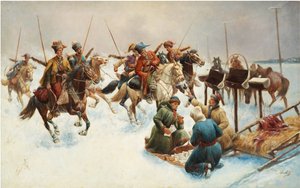 Paisaje invernal con cosacos (entrega de correo) - Pintura de Adolf Baumgartner Stoiloff (Baumgartner-Stoiloff) (1850-1924), óleo sobre lienzo, 82x130 cm - Colección privada de Anton Baumgartner Stoiloff