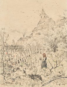 Campesina en el jardín, detrás de su iglesia y pueblo de Anton Brioschi