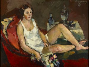 mujer joven, en, sofá rojo de Anton Faistauer