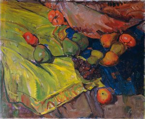Bodegón con frutas sobre tela verde de Anton Faistauer