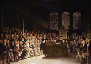 William Pitt dirigiéndose a la Cámara de los Comunes sobre la Declaración de Guerra de Francia 1793 de Anton Hickel