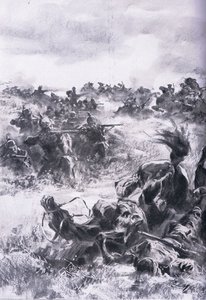 Derrota de la 14ª Brigada de Caballería Rusa en Praszysz, de La Historia Ilustrada de la Primera Guerra Mundial 1914-1915 pub. por Union Berlagsefellfchaft de Anton Hoffman
