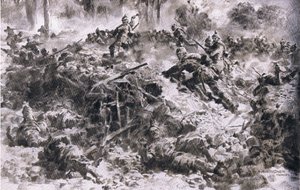 Los Granaderos del Rey de Wurtemberg rompiendo las posiciones enemigas en las Argonnes, de La Historia Ilustrada de la Primera Guerra Mundial 1914-1915 pub. por Union Berlagsefellfchaft de Anton Hoffman