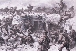 La derrota del Cuerpo de Granaderos de Moscú por tropas silesianas, prusianas e imperiales alemanas, de La Historia Ilustrada de la Primera Guerra Mundial 1914-1915 pub. por Union Berlagsefellfchaft de Anton Hoffman