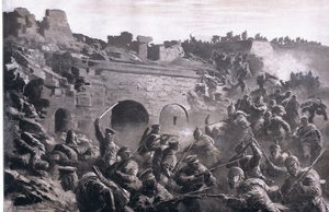 El asalto a un fuerte en Kavno, de La Historia Ilustrada de la Primera Guerra Mundial 1914-1915 pub. por Union Berlagsefellfchaft de Anton Hoffman