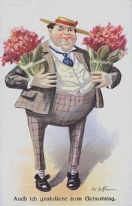 Tarjeta de felicitación de cumpleaños que representa a un hombre llevando ramos de flores de Anton Hoffmann